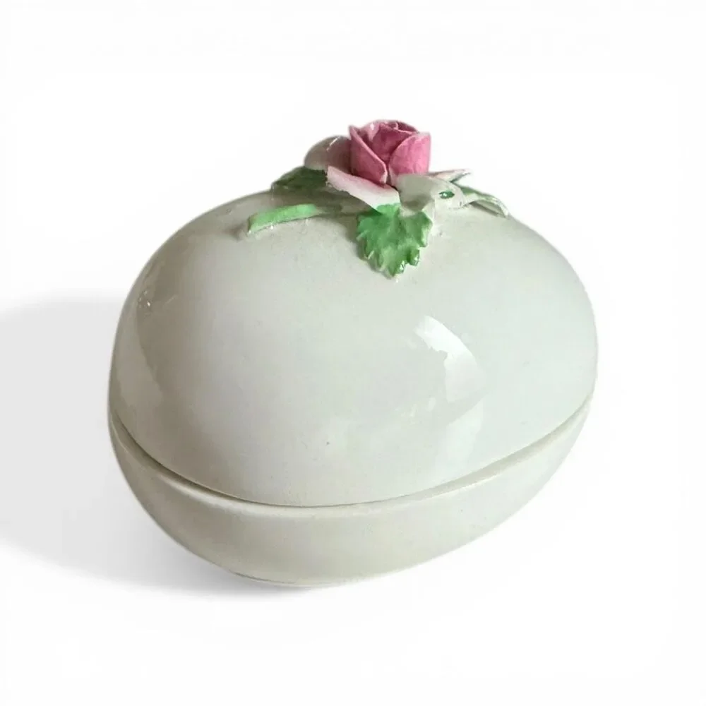 Golden Crown E&R Vintage England Rose Detail Trinket Egg Porcelain Pill Box